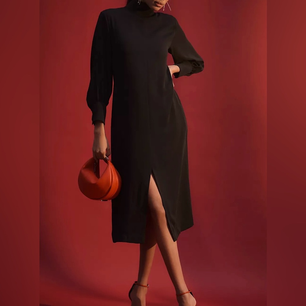 Maeve Long-Sleeve Mock-Neck Black Midi Dress Size XS